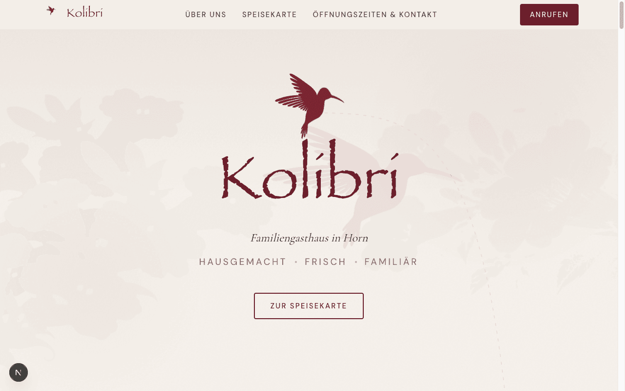Kolibri: Startseite der Website, gestaltet und entwickelt von Kaiman Studio