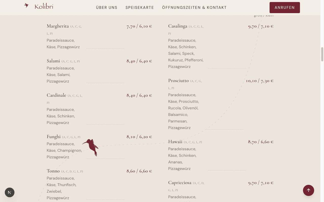 Kolibri – Unterseite 2 der Website