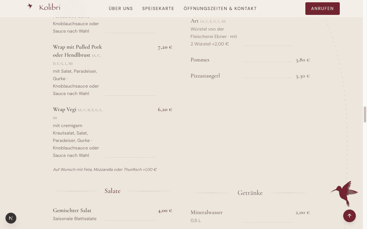 Kolibri – Unterseite 3 der Website