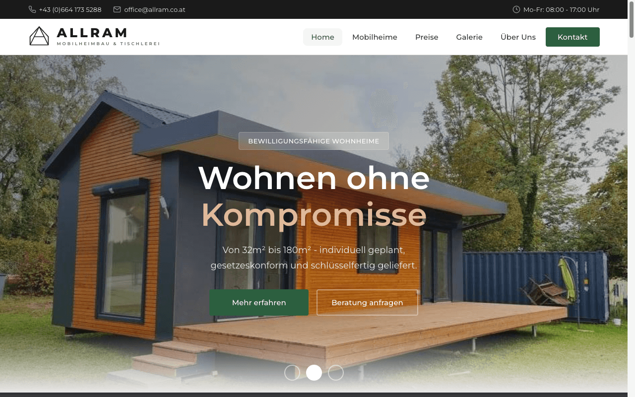 Tischlerei Allram: Startseite der Website, gestaltet und entwickelt von Kaiman Studio