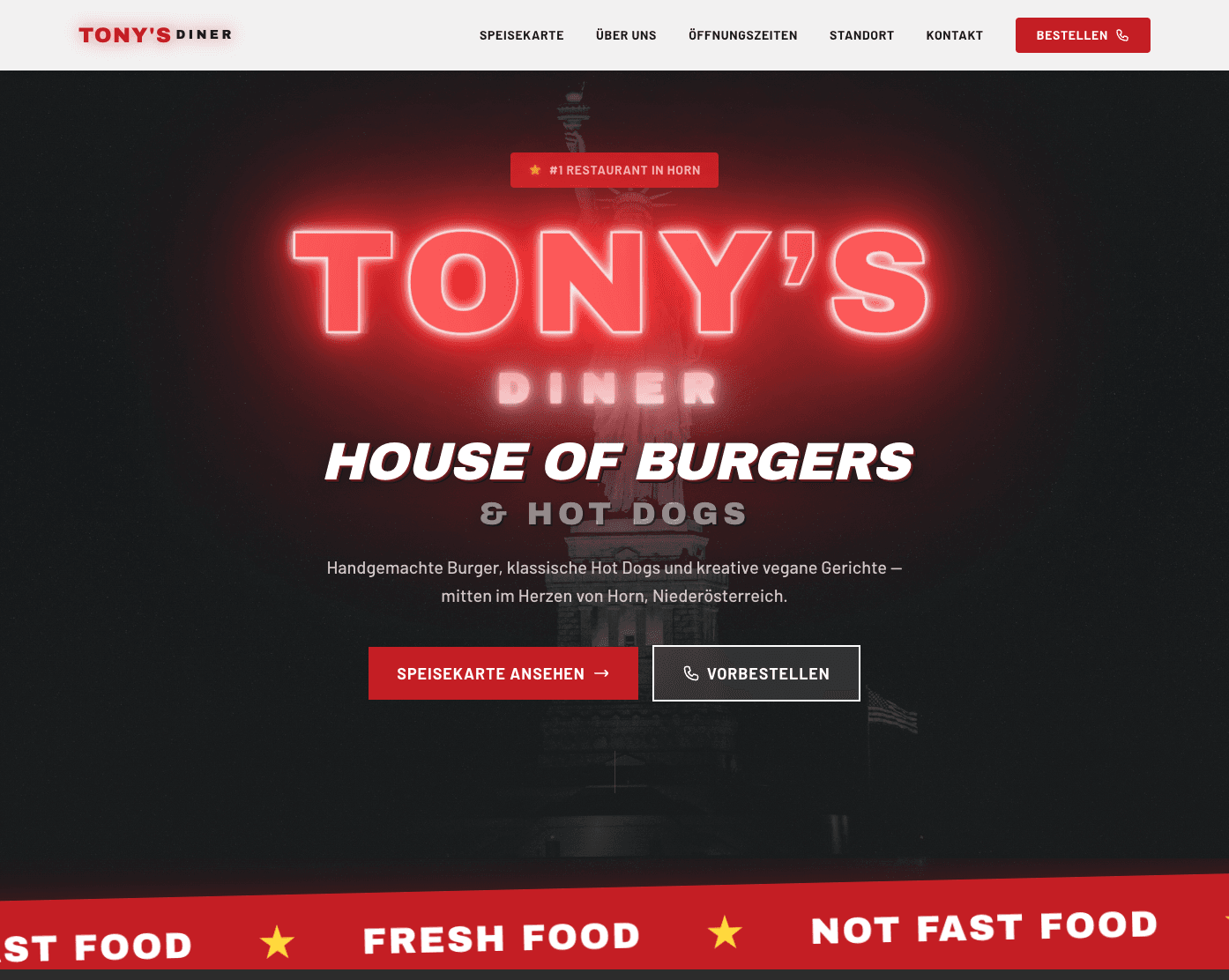 Tony's Diner: Startseite der Website, gestaltet und entwickelt von Kaiman Studio